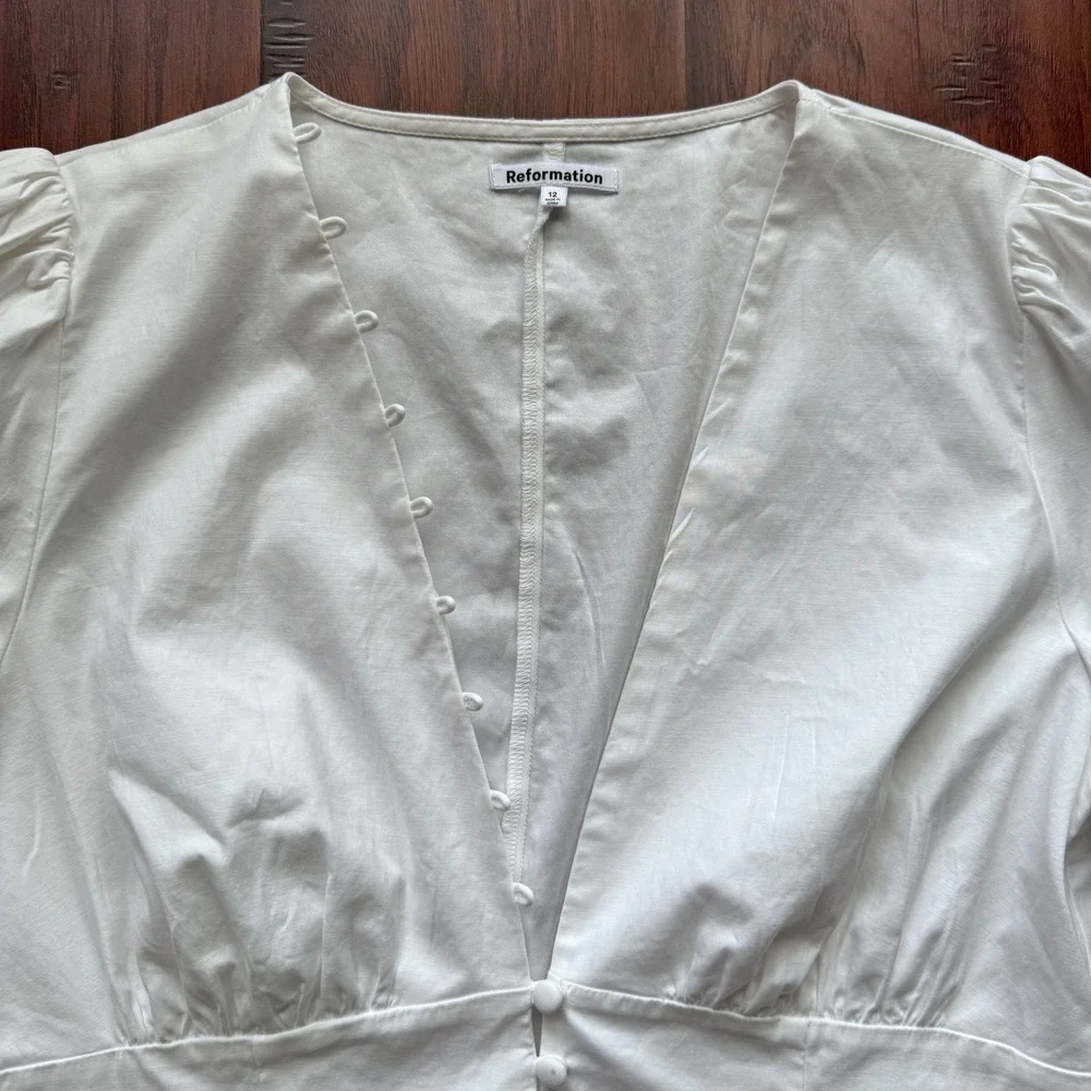 Reformation White V-Neck Puff Sleeve Button Front Top Blouse Sz 12 Cottagecore